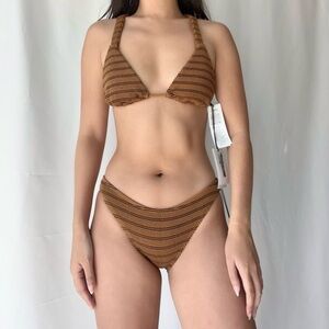 RVCA Textured Stripe Bikini Set in Brown